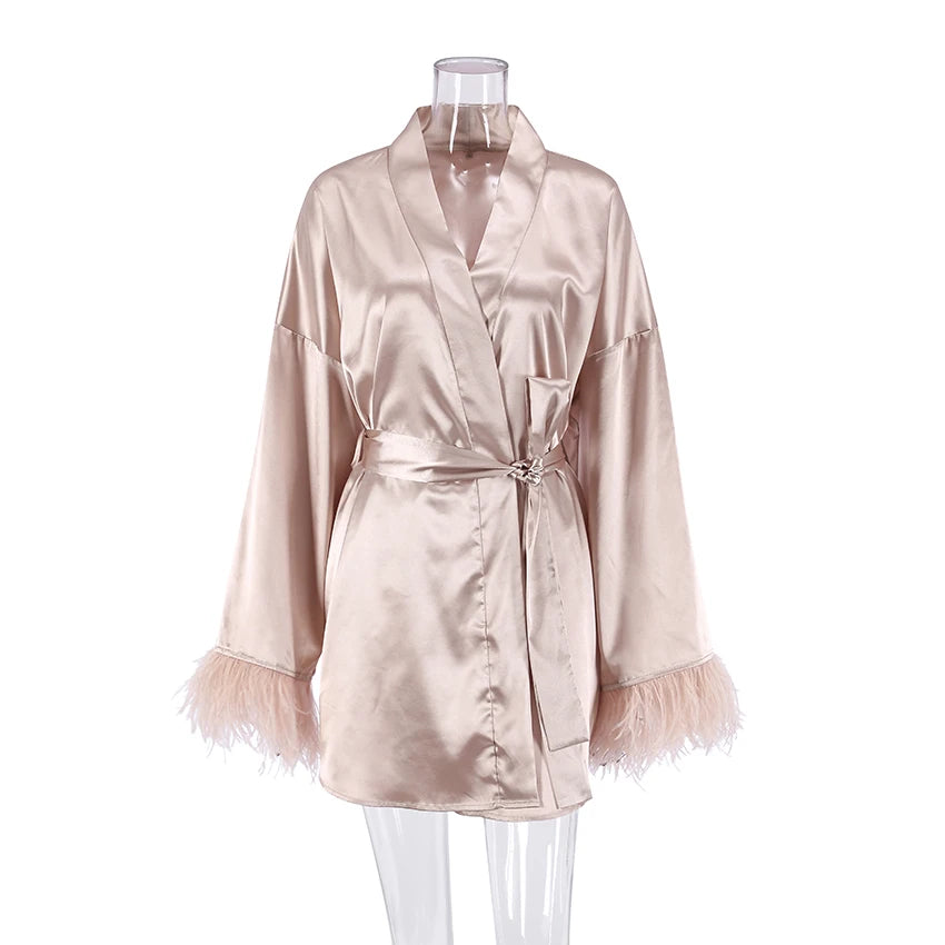 Feather Satin Sexy Robe 
