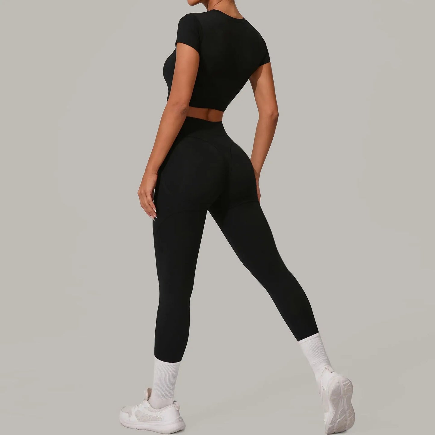 Women Yoga Set 2PCS Seamless Sportswear Workout Clothes Athletic Wear Gym Legging Fitness Bra Crop Top Short Sleeves Sports Suit