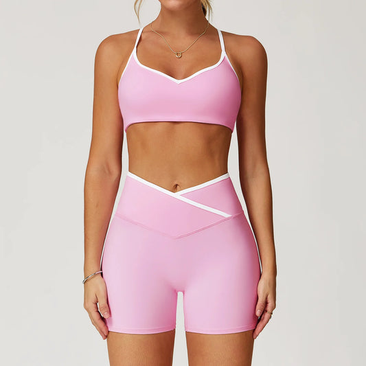 2 Pcs V Neck Front Gym Top & Shorts Set