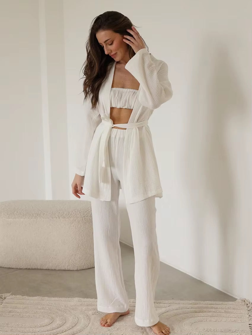 Marthaqiqi Casual Ladies Nightgowns Set V-Neck Sleepwear Long Sleeve Robe Tank Tops Pajamas Pants Casual Nightwear 3 Piece Suit