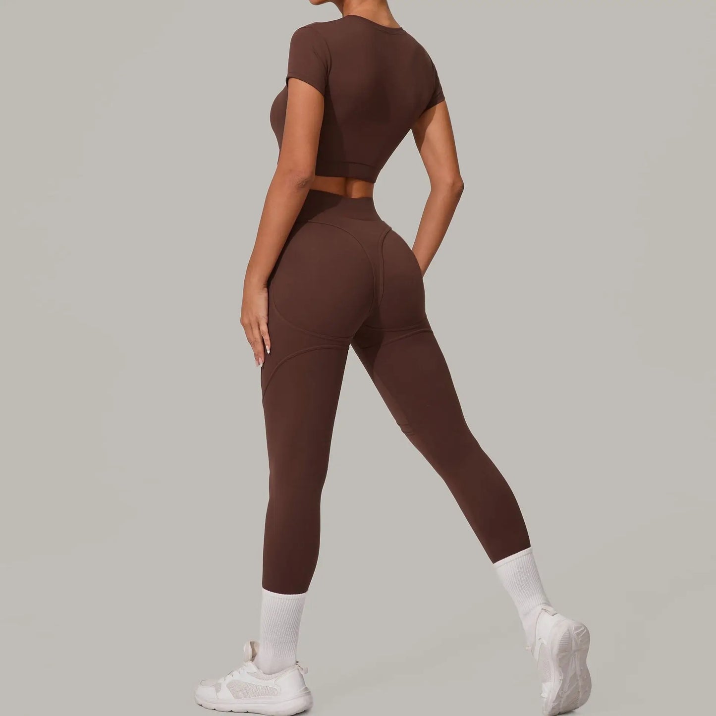 Women Yoga Set 2PCS Seamless Sportswear Workout Clothes Athletic Wear Gym Legging Fitness Bra Crop Top Short Sleeves Sports Suit