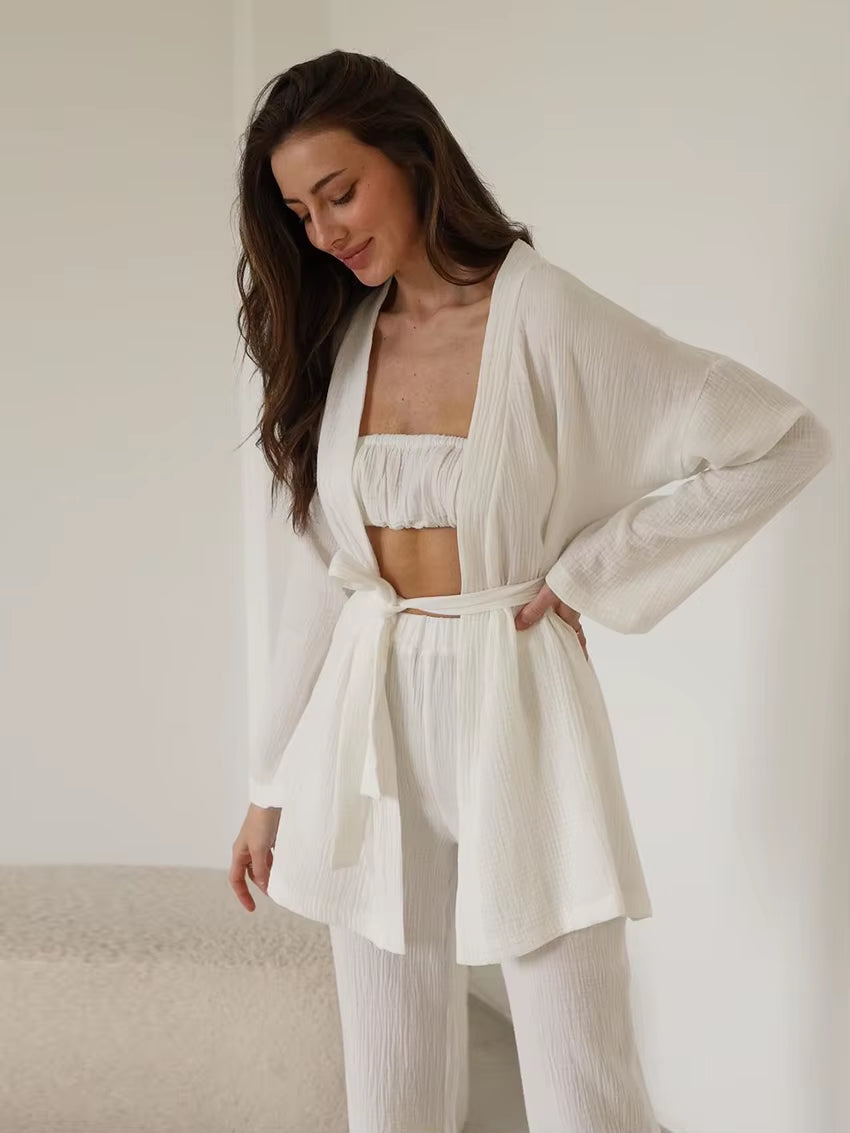 Marthaqiqi Casual Ladies Nightgowns Set V-Neck Sleepwear Long Sleeve Robe Tank Tops Pajamas Pants Casual Nightwear 3 Piece Suit